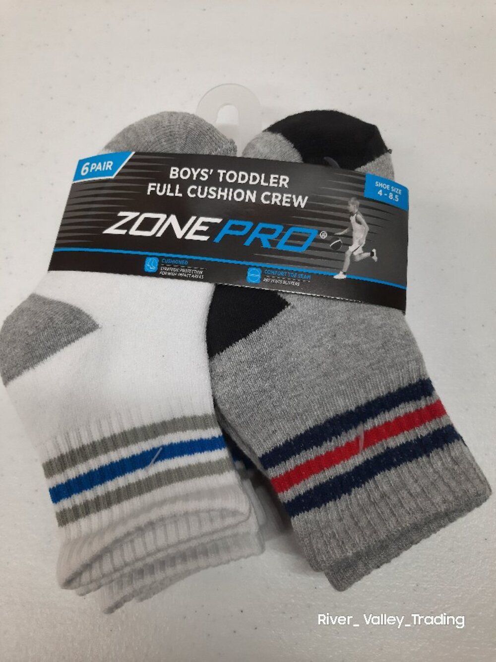 Zone Pro Boys Toddler Full Cushion Crew Socks 6 Pair Pack Shoe Size 4-8.5 New